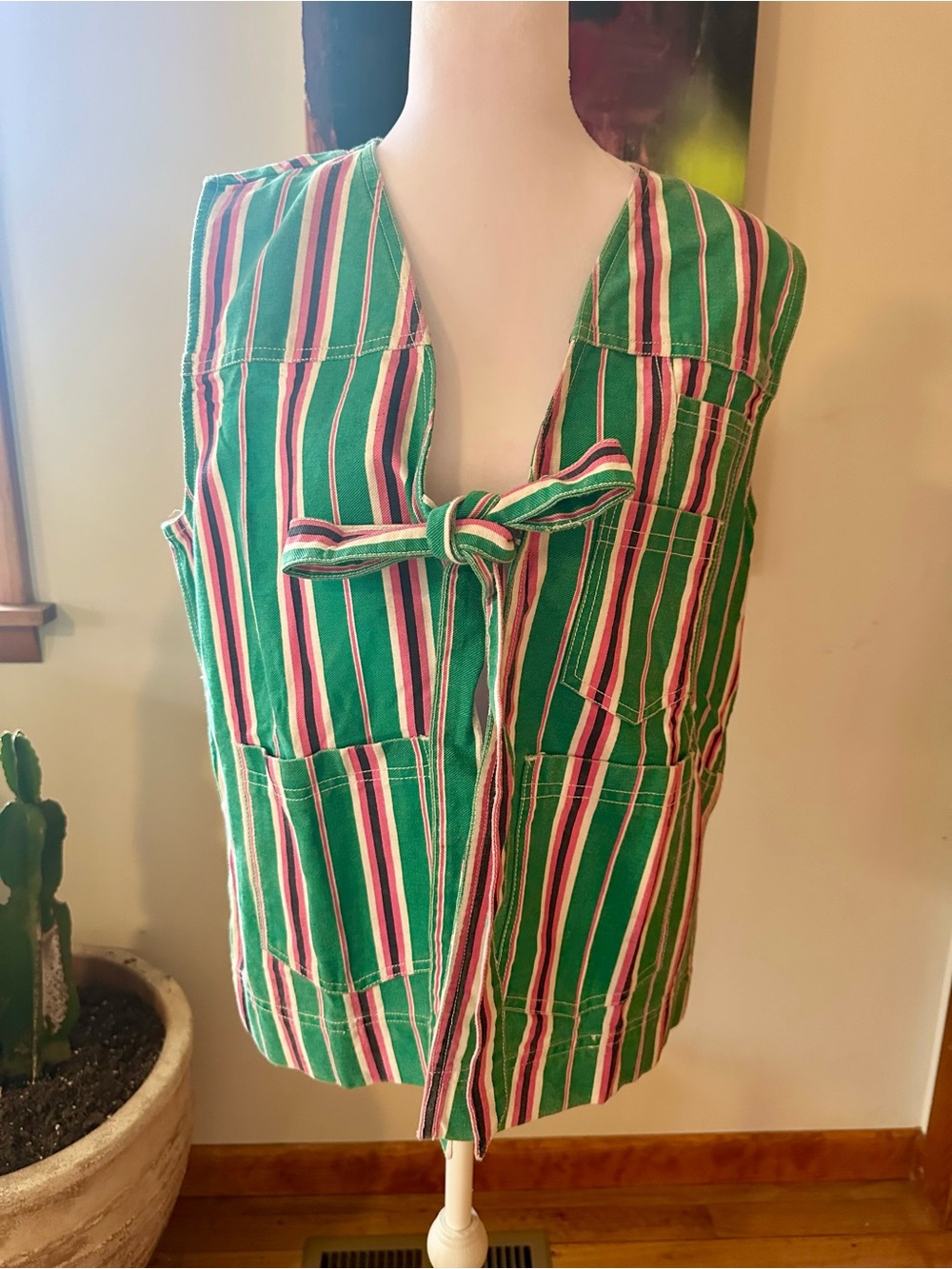 Sleeveless Tie-Front Tunic Vest in Green and Pink Stripes